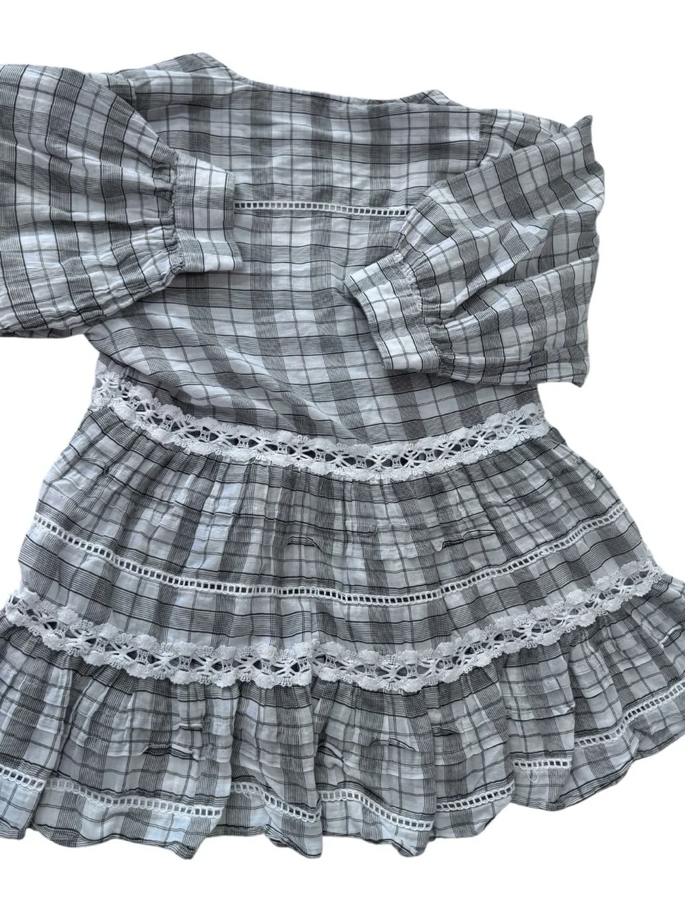 Free People Gray Plaid Lace-Trim V-Neck Tunic